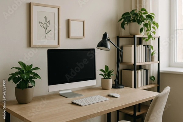Fototapeta Modern minimalist home office workspace:  light wood desk, computer, plants, and books.