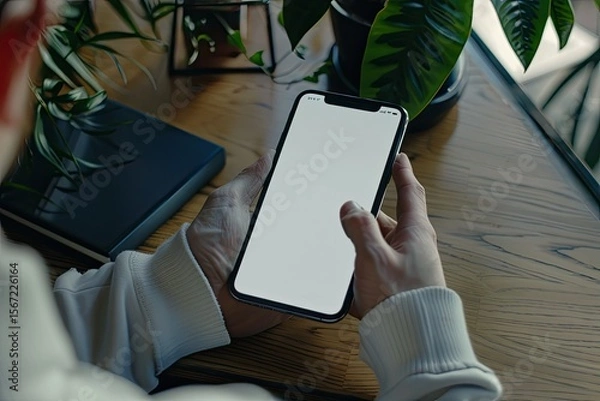 Fototapeta Clear Pixel Picture of Closeup Hands Using Smartphone Mockup at the Office Desk