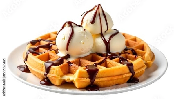 Fototapeta Tasty Dutch waffles (stroopwafels) with ice cream and chocolate sauce isolated on white, Yummy Dutch waffles (stroopwafels) on white background, created with generative ai
