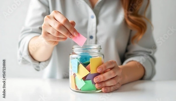 Fototapeta Woman taking color paper piece form glass jar on white background, created with generative ai
