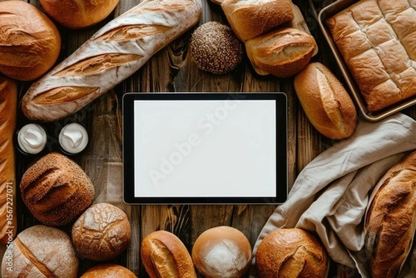 Fototapeta Premium Quality Picture of Digital Tablet with Blank Screen Surrounded with Breads