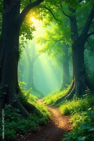 Fototapeta Magical Sunlight Dapples Lush Forest Floor, Ancient Trees Create Enchanting Fairy Tale Atmosphere - Perfect for Fantasy, Nature, and Fairytale Themes