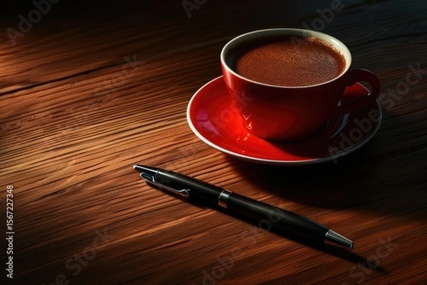 Fototapeta High Quality Visual of a Cup of Coffee and a Pen on a Table with a Pen and a Pen