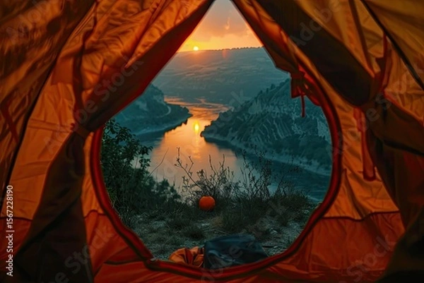 Fototapeta High Definition Visual of Orange Illuminated From Inside Tent Above River at Sunset