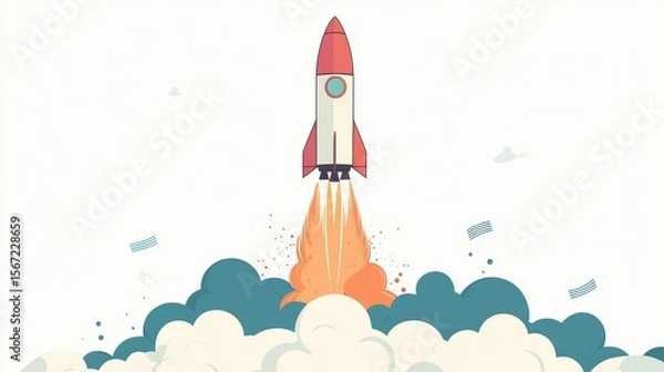Fototapeta Cartoon Rocket Launch in Clear Sky with Smoke and Flames Inspi Space Exploration and Innovation