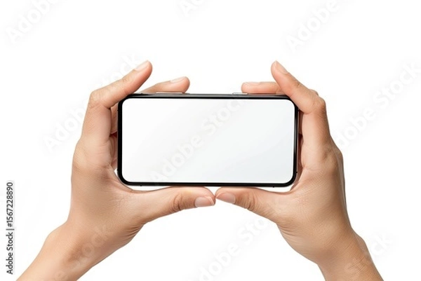 Fototapeta Hands Holding Smartphone Mock Up, Horizontal Smart Phone Screen Mockup Frame Isolated on White