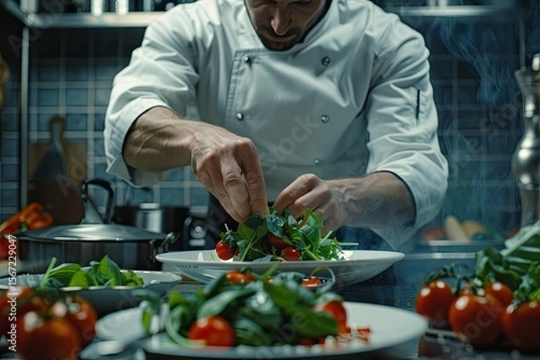 Fototapeta Clear Pixel Image of Mid Shot Chef Cutting Salad