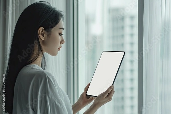 Fototapeta Detailed Visual  of Side View Woman with Ebook Reader