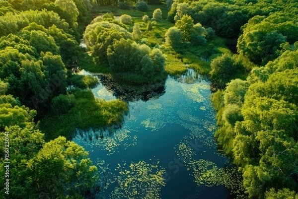 Fototapeta Detailed Visual  of Wetlands in the Summer Forest View From the Drone