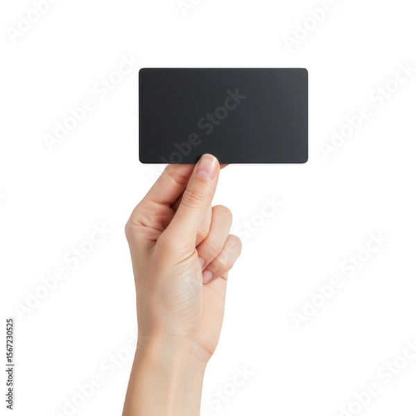 Fototapeta Hand holding dark card mockup isolated on transparent background. use cases: business, gift, credit.