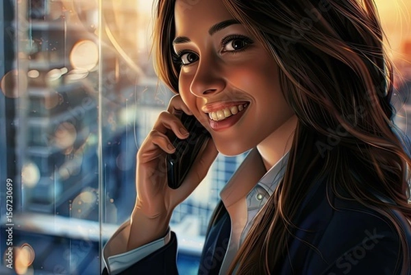 Fototapeta Clear Pixel Image of Businesswoman Smiling While Talking on the Phone