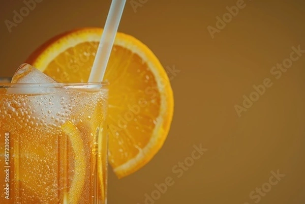 Fototapeta Clear Pixel Picture of Glass of Iced Orange Juice with a Straw and a Sliced Orange