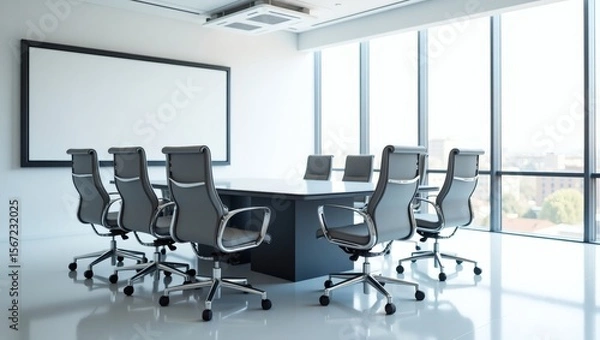 Fototapeta a modern conference room with a large table and chairs. The room has large windows that offer an abundance of natural light and a projection screen