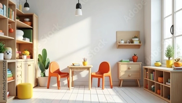 Fototapeta Cozy and inviting, this interior scene features a bright and airy room with a minimalist design, a table and chairs, and shelves filled with various items