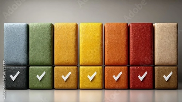 Obraz Process Improvement Colorful Blocks in Row with Check Marks on Neutral Background