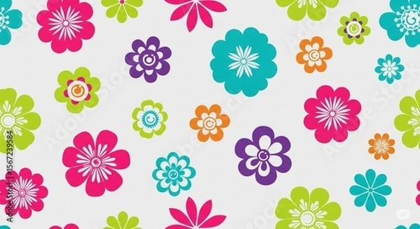 Fototapeta Vibrant and Colorful Abstract Floral Pattern on White Background - Playful Spring and Summer Flower Design for Nature, Celebration and Decorative Concepts.