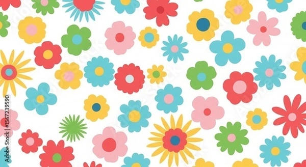 Fototapeta Bright and Cheerful Abstract Floral Pattern with Colorful Flat Design Flowers on White Background - Playful Spring and Summer Design for Kids and Decor.