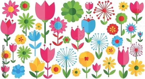 Fototapeta Whimsical and Colorful Flat Design Flower Collection on White Background - Playful Vector Illustration for Children, Spring  and Decorative Projects.