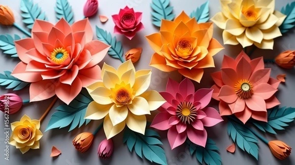 Fototapeta Beautiful Handcrafted Paper Flowers with Green Leaves on a Gray Background - Colorful Artistic Floral Arrangement for Crafts, Decorations and Celebrations.