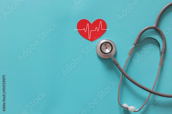 Fototapeta close up top view on red heart symbol and stethoscope on over blue background for design about ads or banner of insurance claim and health checkup following personal lifestyle concept