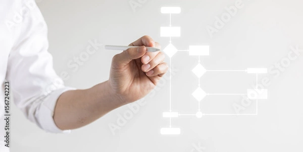 Fototapeta close up programmer engineer hand use stylus pen to write and plan about progress or procedure of strategy and resolve with virtual flowchart diagram for business plan and performance concept