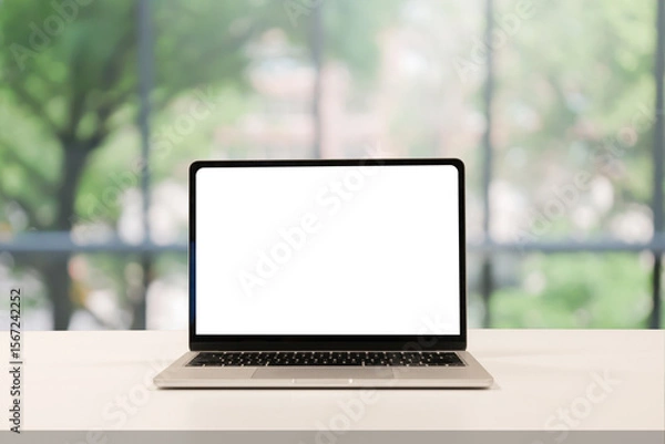 Fototapeta  close up blank white screen display of laptop computer on table in office building with garden scene for add content of design banner,website or template or online shopping e-commerce concept