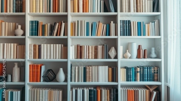 Fototapeta Extensive Home Library with Books and Decorative Items
