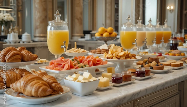 Fototapeta Luxurious Hotel Breakfast Buffet Croissants, Smoked Salmon, and Fresh Juices