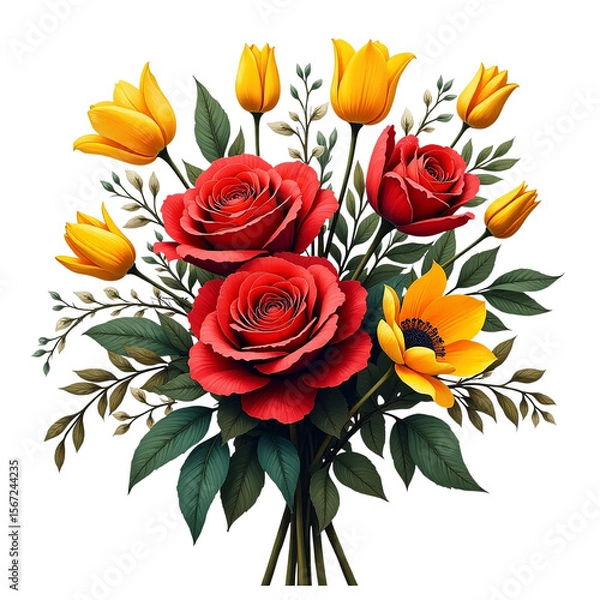 Fototapeta Vibrant red roses and yellow tulips bouquet transparent background