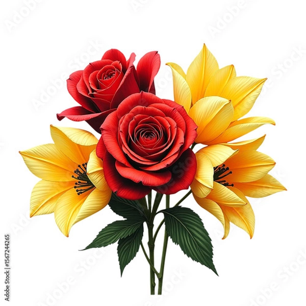 Fototapeta Vibrant red roses and yellow lilies bouquet transparent background