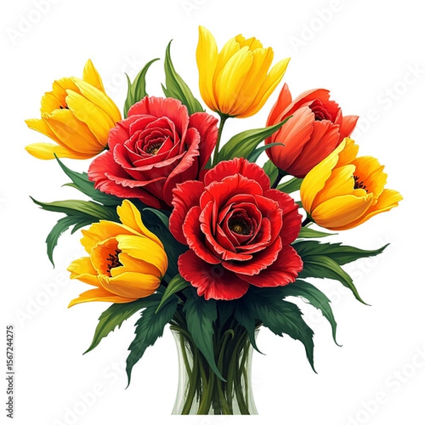 Fototapeta Vibrant red roses and yellow tulips in glass vase transparent background