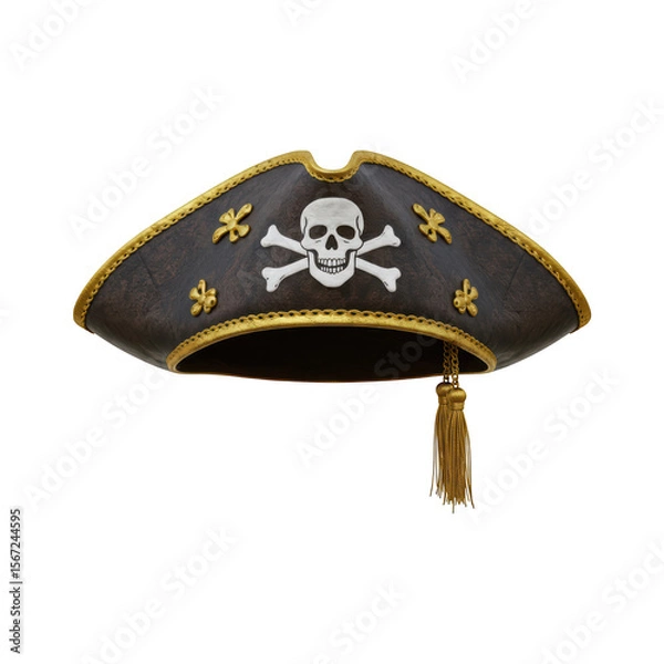 Fototapeta Authentic Black Tricorne Pirate Hat with Skull and Crossbones Emblem and Golden Trim for Themed Parties and Costume Events