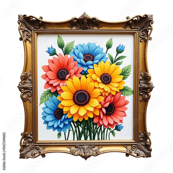 Fototapeta Vibrant sunflower and dahlia bouquet in ornate gold frame