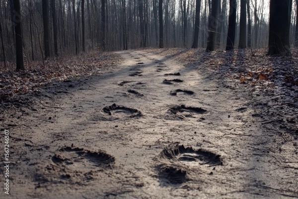 Fototapeta Tracks Imprinted in Mud on Forest Trail