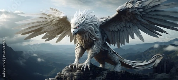 Fototapeta A haunted gothic white garuda perched on a wind-swept hil,ai generative
