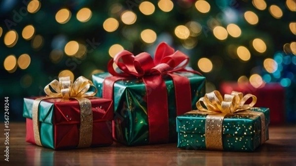 Fototapeta Two Christmas presents with ribbons on them sit on a wooden table