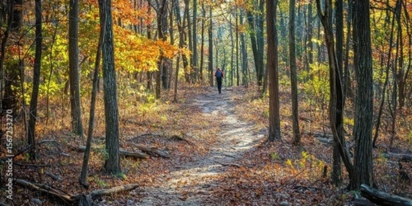 Obraz A backpacker walking through a dense forest trail, surrounded by autumn colors