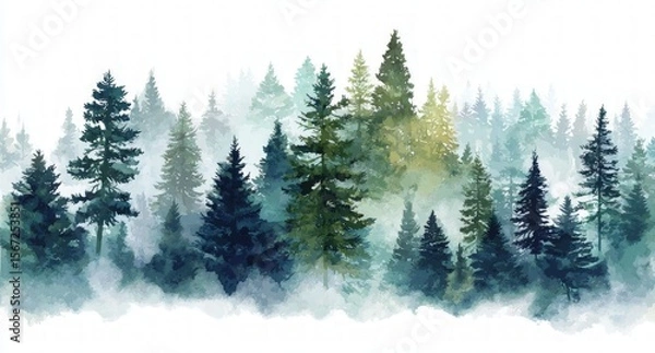 Fototapeta Misty Forest Landscape with Dark Green and Teal Pine Trees