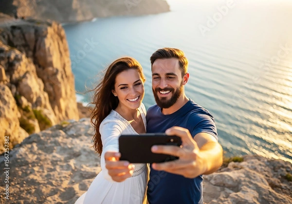 Obraz Couple Taking a Stunning Selfie at Sunset Overlooking the Ocean A Romantic Travel Moment