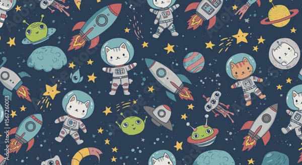 Fototapeta A whimsical seamless pattern features adorable cartoon cats dressed as astronauts, rockets, planets, and stars against a dark blue cosmic background, perfect for kids.