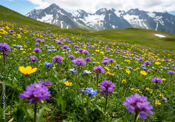 Obraz Alpine Meadow in Bloom Vibrant Wildflowers and Majestic Mountain Scenery