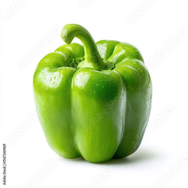Fototapeta Fresh green bell pepper on a white background, showcasing its vibrant color and natural shine