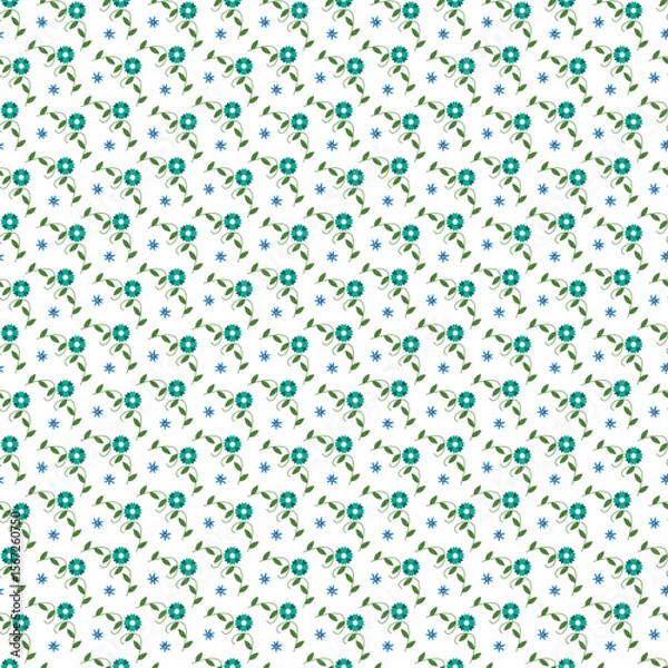 Fototapeta Seamless Pattern of Blue Flowers and Green Leaves on a White Background
