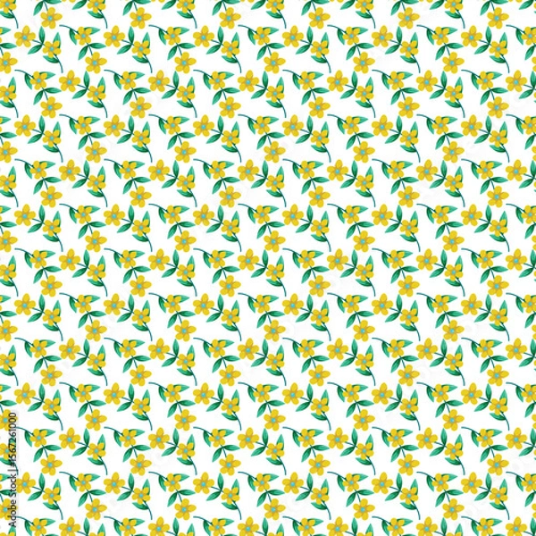 Fototapeta Seamless Pattern with Yellow Flowers and Green Leaves on White Background
