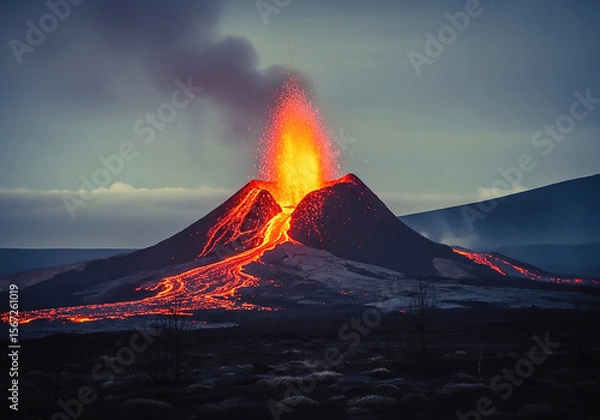 Obraz Volcanic Eruption Fiery Inferno and Molten Lava Flowing Down a Majestic Mountain