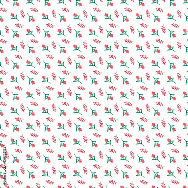 Fototapeta Seamless Pattern of Red Flowers and Green Leaves on White Background
