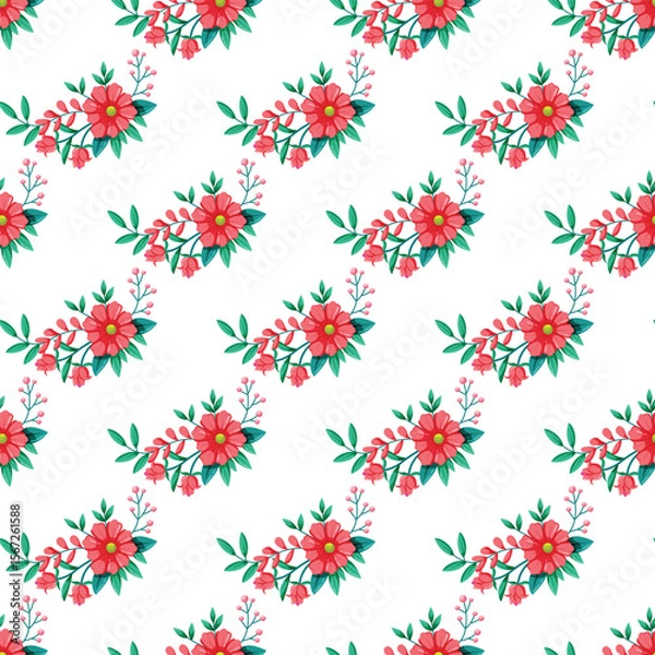 Fototapeta Seamless Pattern with Vibrant Red Flowers and Green Leaves on White