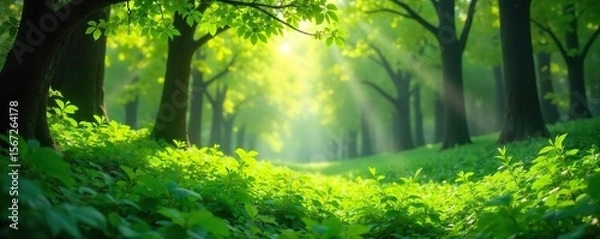 Fototapeta Sun-Dappled Canopy Lush Green Foliage and Vibrant Leaves in a Serene Summer Forest, Perfect for Nature, Ecology, and Environmental Projects.