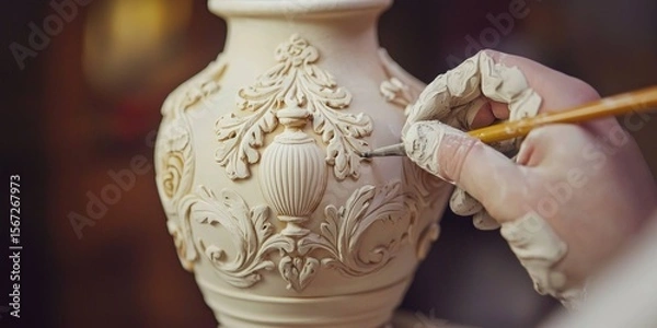 Fototapeta A ceramic artist adding final details to a handcrafted clay vase