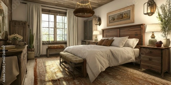 Fototapeta A charming bedroom with rustic wooden furniture, soft linens, and farmhouse-style decor